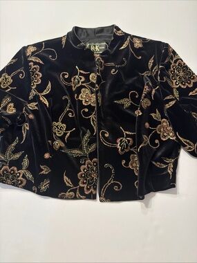 R&K Evening Velvet Cropped Evening Jacket Gold Glitter Floral Metallic 14P